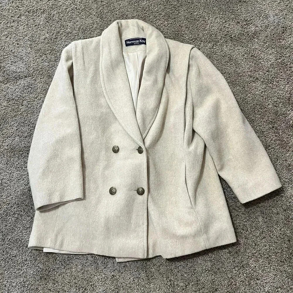VINTAGE HERMAN KAY Wool Trench Pea Coat Gold Button Classic Oversized Preppy 90s